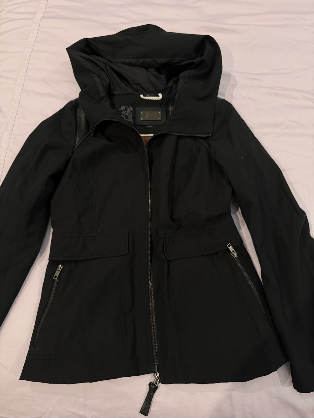 Mackage women’s Black Hooded Utility Jacket with Zip Pockets